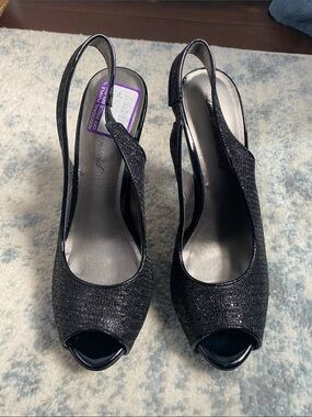 Black Glitter Slingback Peep-Toe Heels